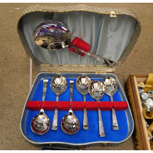 1128 - A box of costume jewellery, rosary beads and three boxes of plated cutlery **PLEASE NOTE THIS LOT IS... 