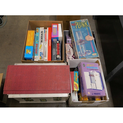 1132 - Three boxes of vintage games and toys, including Ker-Plunk, Frustration, Operation, Hangman, Monopol... 