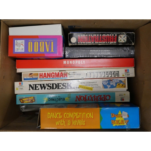 1132 - Three boxes of vintage games and toys, including Ker-Plunk, Frustration, Operation, Hangman, Monopol... 