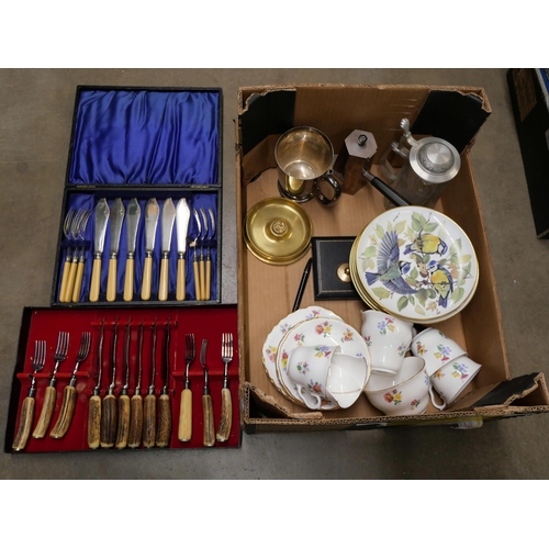 1133 - A cased set of steak knives and forks, fish knives and forks, a plated chocolate pot, plated cup, tw... 