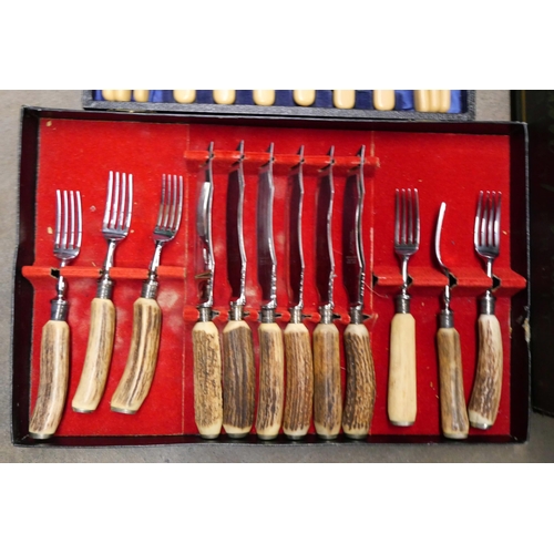 1133 - A cased set of steak knives and forks, fish knives and forks, a plated chocolate pot, plated cup, tw... 