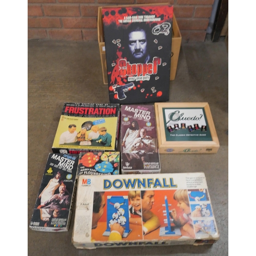 1145 - A box of vintage board games including Frustration, Downfall, Cluedo and Chopper **PLEASE NOTE THIS ... 