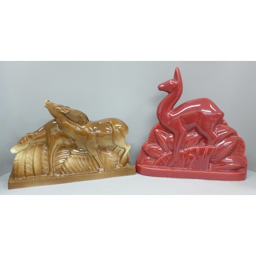 603 - Two 1930s French Art Deco hollow cast ceramic figures, St. Clement red deer, 32cm and Lemanceau ante... 