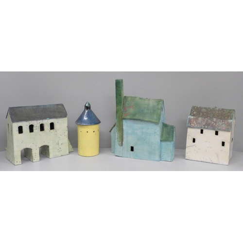 605 - Four pieces of Neil Spalding Raku fired ceramics, model buildings Sarehole Mill, Birmingham, Woodbri... 