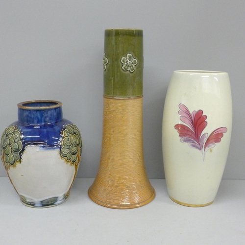 607 - Three vases; Crown Ducal and two Royal Doulton stoneware