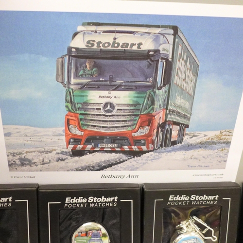 644 - A collection of nine Eddie Stobart pocket watches, a pair of cufflinks and two Eddie Stobart prints