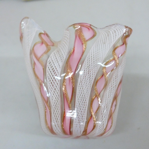 665 - A latticino handkerchief pink and white glass vase with adventurine, one other handkerchief vase, a ... 