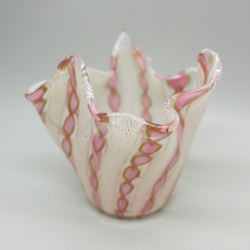 665 - A latticino handkerchief pink and white glass vase with adventurine, one other handkerchief vase, a ... 