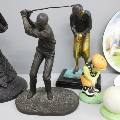 671 - A bronze figure of a female Victorian golfer, a brass and a resin figure of a golfer, two golfing pl... 