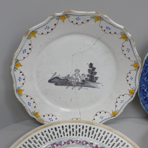 684 - A set of four Georgian pearlware transfer printed plates, a Delft plate, a/f, staple repair, a Georg... 