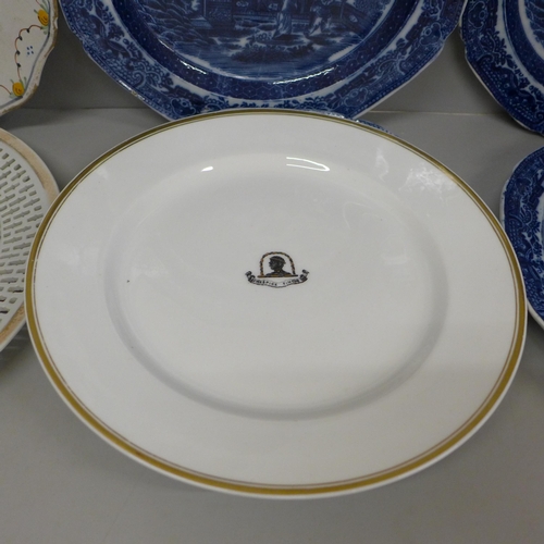 684 - A set of four Georgian pearlware transfer printed plates, a Delft plate, a/f, staple repair, a Georg... 