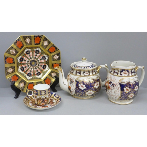 698 - A Royal Crown Derby octagonal 1128 Imari plate, second, a Crown Derby cup and saucer and an Imari ju... 