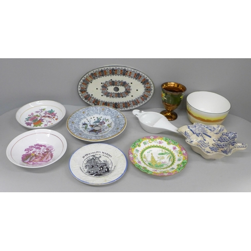 701 - A collection of china including Victorian, Dr. Franklin's Maxim's dish, two strainers, two lustre di... 