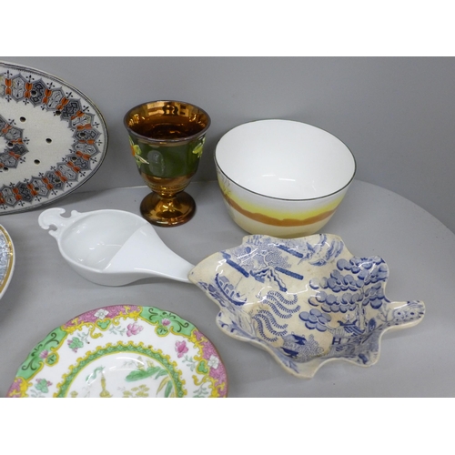 701 - A collection of china including Victorian, Dr. Franklin's Maxim's dish, two strainers, two lustre di... 