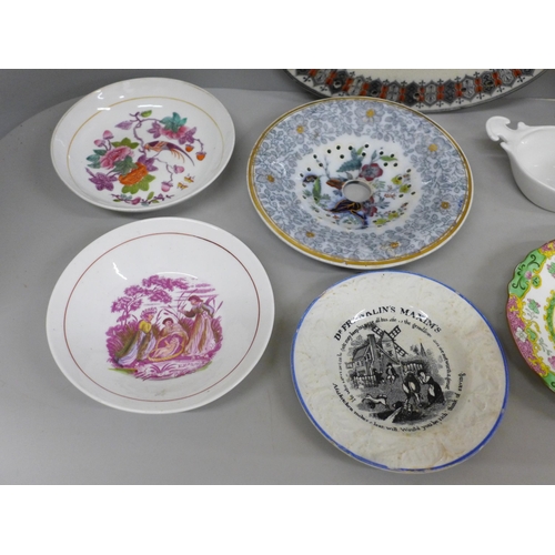 701 - A collection of china including Victorian, Dr. Franklin's Maxim's dish, two strainers, two lustre di... 