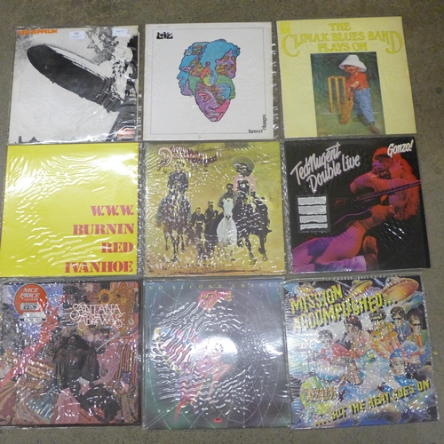 702 - Nine LP records, Led Zeppelin, Love, Climax Blues Band, W.W.W., Doobie Brothers, Ted Nugent, Santana... 