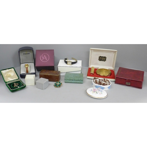 710 - Costume jewellery and wristwatches boxes, a Kigu of London compact and lipstick set and costume jewe... 