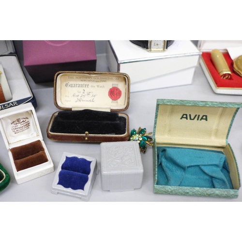 710 - Costume jewellery and wristwatches boxes, a Kigu of London compact and lipstick set and costume jewe... 