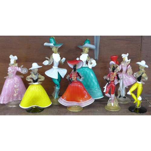 714 - Four pairs of Murano glass figures of dancers, 28.5cm tallest **PLEASE NOTE THIS LOT IS NOT ELIGIBLE... 