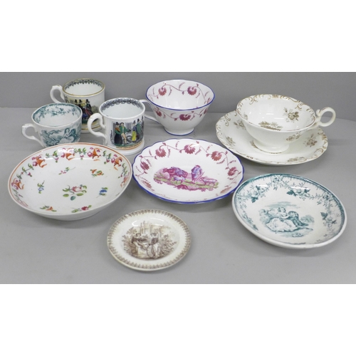 717 - Three Victorian cups and saucers and two small mugs, Welsh costumes, a Georgian New Hall saucer and ... 