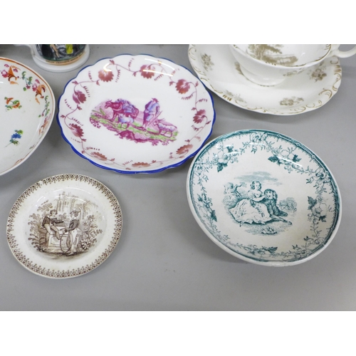 717 - Three Victorian cups and saucers and two small mugs, Welsh costumes, a Georgian New Hall saucer and ... 