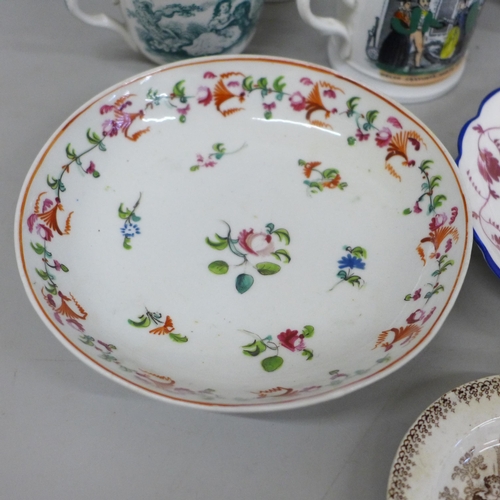 717 - Three Victorian cups and saucers and two small mugs, Welsh costumes, a Georgian New Hall saucer and ... 