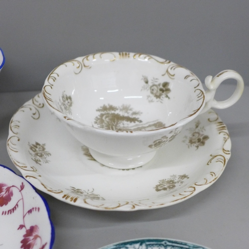 717 - Three Victorian cups and saucers and two small mugs, Welsh costumes, a Georgian New Hall saucer and ... 