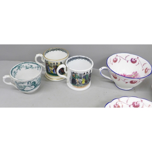 717 - Three Victorian cups and saucers and two small mugs, Welsh costumes, a Georgian New Hall saucer and ... 