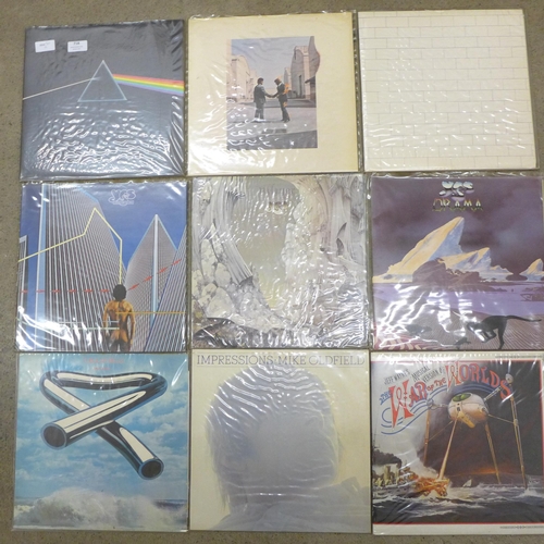 718 - Fourteen LP records, Pink Floyd, Yes, Mike Oldfield, Rush, Blue Oyster Cult and Jeff Wayne's War of ... 