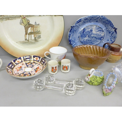 726 - A Royal Doulton Sam Weller plate, a Goss crested Tyg, a salt glaze jelly mould, a similar small jug,... 