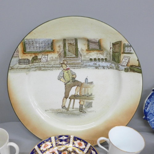 726 - A Royal Doulton Sam Weller plate, a Goss crested Tyg, a salt glaze jelly mould, a similar small jug,... 