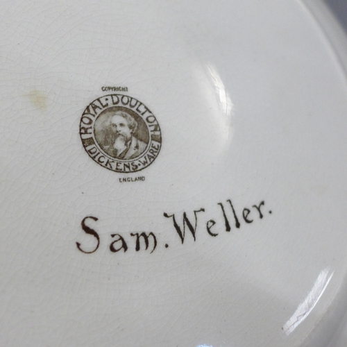 726 - A Royal Doulton Sam Weller plate, a Goss crested Tyg, a salt glaze jelly mould, a similar small jug,... 