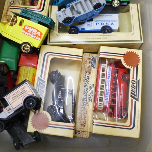 732 - A collection of die-cast cars, Corgi, Lledo, etc., a collection of Tetley tea memorabilia, Tetley Te... 