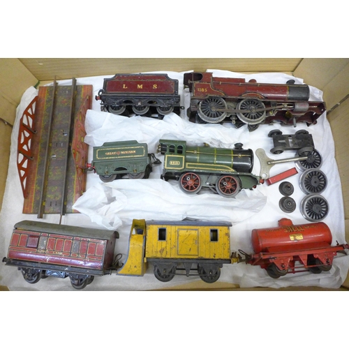 739 - O gauge model rail; two tin plate locomotives and tenders, three wagons and other items