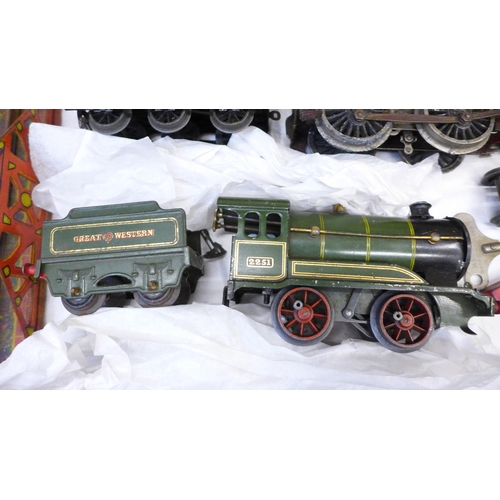 739 - O gauge model rail; two tin plate locomotives and tenders, three wagons and other items