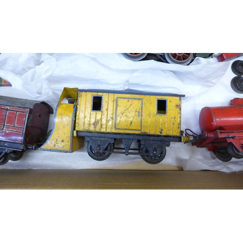 739 - O gauge model rail; two tin plate locomotives and tenders, three wagons and other items