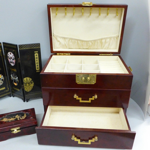 747 - Two small oriental boxes, an oriental jewellery cabinet and a screen, 'Facial Make Up of Peking Oper... 