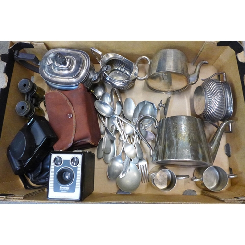 748 - A collection of silver plated items, a brass gavel, a box camera and a Fujica camera