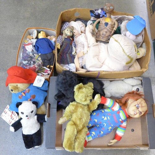 749 - Three boxes of dolls, bears and toys including vintage and a Chucky doll