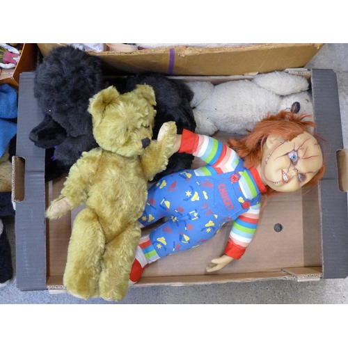 Three boxes of dolls, bears and toys including vintage and a Chucky doll