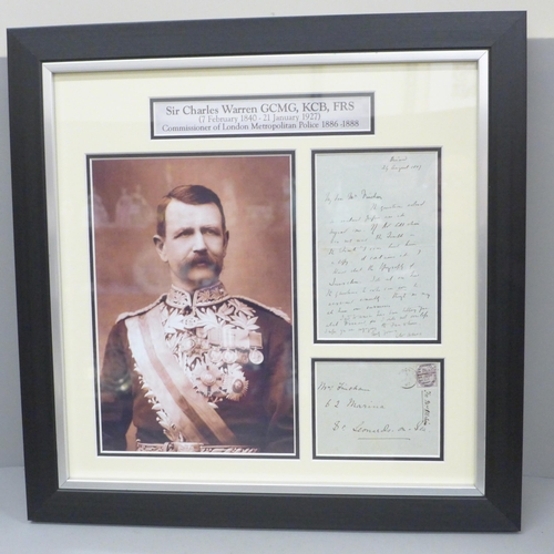 749A - Sir Charles Warren, Jack the Ripper interest, a framed and mounted personal letter sent by Warren da... 