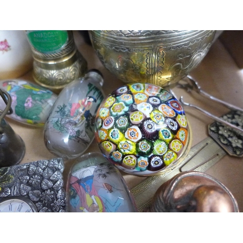 754 - A millefiori paperweight, Japanese vase, oriental scent bottles, brass vase, etc.