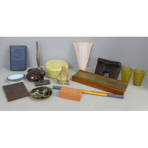 766 - A soapstone Buddha, cribbage board, money bank, Bakelite View-Master and other items