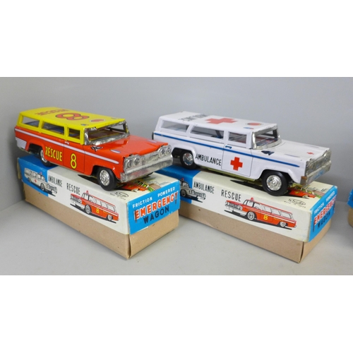 769 - Four Shudo friction powered emergency vehicles, made in Japan, Police, Fire, Ambulance and Rescue