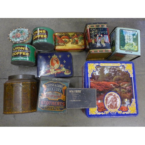 786 - A collection of tins including Crawford Biscuits and a Stotherts advertising string 'box'