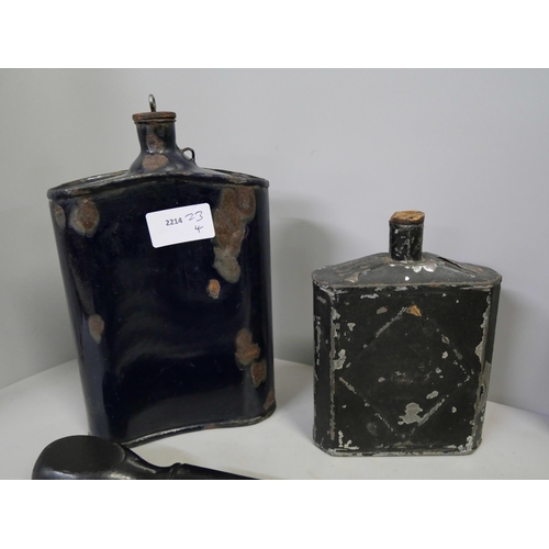 796 - Two powder flasks including one enamelled, two melting pot ladles, a blade marked Rodgers, Sheffield... 