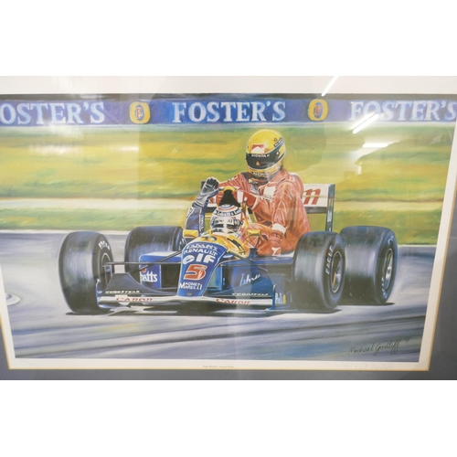 799 - Formula 1, limited edition print, 234/750, Nigel Mansell and Ayrton Senna, signed by Miachel Goodlif... 