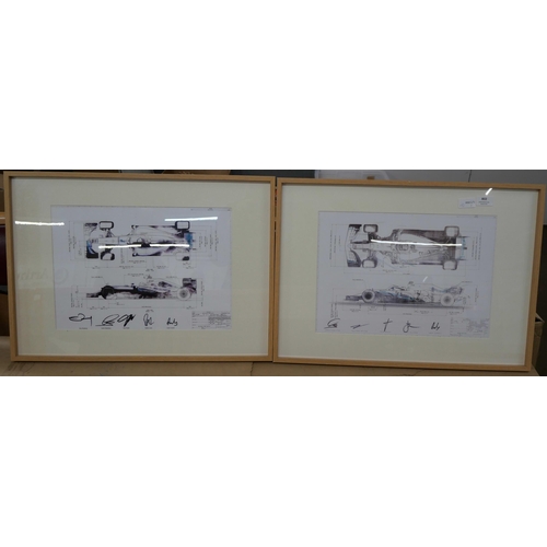 802 - Two prints, Formula 1 Mercedes-Benz diagrams, with team signatures including Hamilton, Rosberg, Bott... 