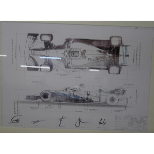 802 - Two prints, Formula 1 Mercedes-Benz diagrams, with team signatures including Hamilton, Rosberg, Bott... 