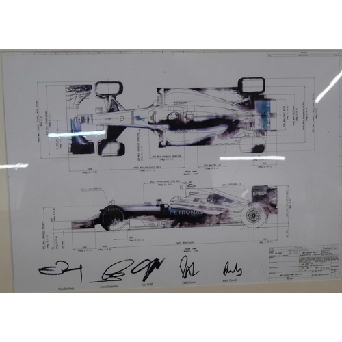 802 - Two prints, Formula 1 Mercedes-Benz diagrams, with team signatures including Hamilton, Rosberg, Bott... 